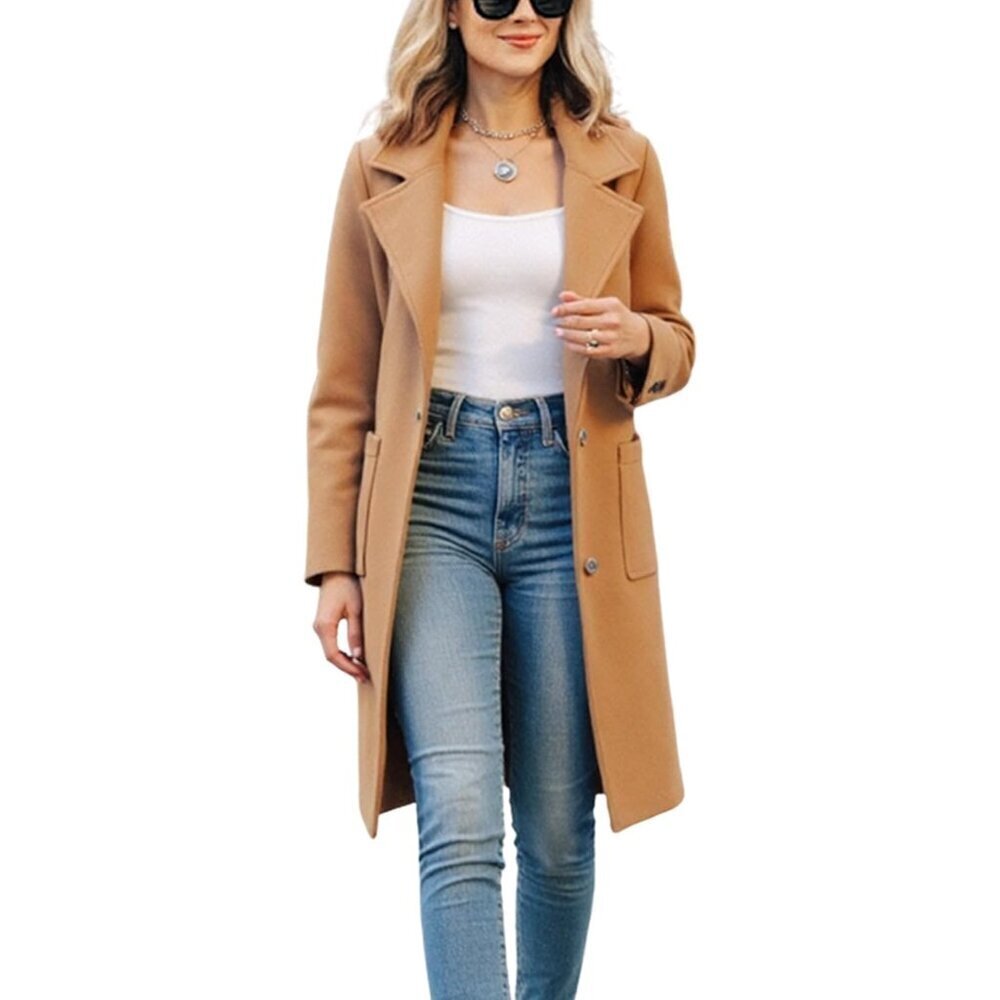 🆕Women's Camel Winter Wool Blend Coat Notch Lapel Mid Long  Breasted Pea Coat J